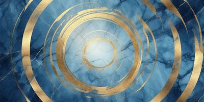 The primary subject of the image is a gold circle with a blue background. The circle is the main object, and it appears to be a decorative element or a design element. The setting is a marble surface, which adds to the overall atmosphere of the image. The visual style is a combination of digital art and illustration, creating a unique and eye-catching design. The colors and mood of the image are predominantly gold and blue, giving it a warm and inviting feel.