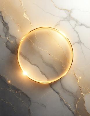 The primary subject of the image is a golden circle, which is the main object, scene, or focus of the image. The setting is a marble surface, and the visual style appears to be a photo. The colors and mood of the image are warm and inviting, with the golden circle standing out against the marble background.