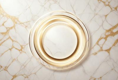 The primary subject of the image is a round, gold-rimmed circle, which is placed on a white marble surface. The circle appears to be a light fixture, possibly a chandelier or a wall sconce. The setting is a room with a marble wall, and the visual style is a combination of a photo and a digital artwork. The colors in the image are predominantly white and gold, creating a clean and elegant atmosphere.