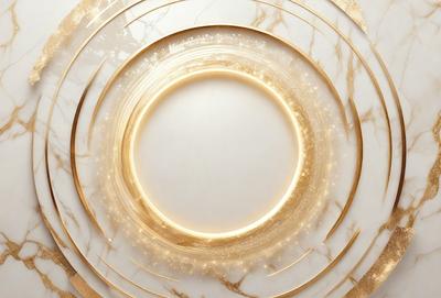The primary subject of the image is a white plate with a gold circle in the center. The plate is placed on a marble surface, which adds to the overall visual style. The colors in the image are predominantly white and gold, creating a sense of elegance and sophistication. The setting appears to be a well-decorated and organized space, with the plate serving as a focal point.