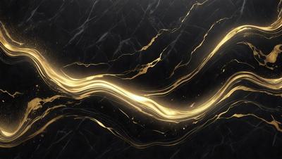 The primary subject of the image is a gold-colored line or stream of light, which appears to be flowing or moving across a black background. The setting or background is a dark, possibly marbled surface, which contrasts with the gold line. The visual style of the image is a combination of digital art and illustration, as it features a smooth, flowing line that is characteristic of digital art, while the overall atmosphere is dark and dramatic, which is typical of illustrations. The colors and mood of the image are