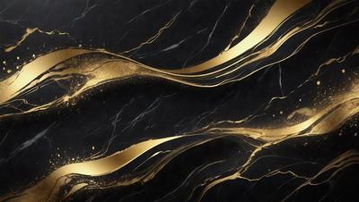 The primary subject of the image is a gold and black marble design, which appears to be a pattern or a decorative piece. The setting is a black background, which contrasts with the gold and black marble design. The visual style of the image is a combination of digital art and illustration, as it showcases a detailed and intricate pattern. The colors and mood of the image are predominantly black and gold, creating a luxurious and elegant atmosphere.