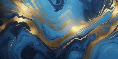 The primary subject of the image is a blue and gold swirling pattern, which appears to be a painting or a digital artwork. The setting is a blue background, and the visual style is a combination of photo and digital art. The dominant colors are blue and gold, creating a vibrant and lively atmosphere.