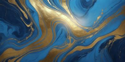 The primary subject of the image is a blue and gold swirling pattern, which appears to be a painting or a digital artwork. The setting is a blue background, and the visual style is a combination of photo and digital art. The dominant colors are blue and gold, creating a vibrant and lively atmosphere.