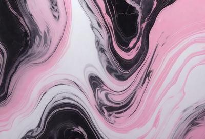 The primary subject of the image is a swirling pattern of pink and black colors. The setting is a white background, which provides a clean and minimalist appearance. The visual style is a combination of digital art and illustration, creating a unique and eye-catching design. The dominant colors are pink and black, which evoke a sense of energy and movement.