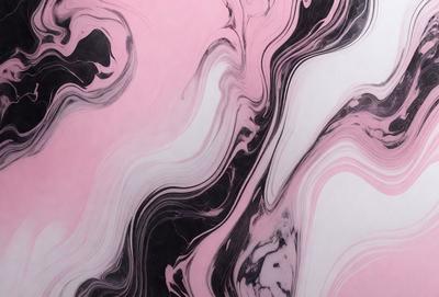 The primary subject of the image is a black and white painting featuring a pink background. The painting appears to be a digital art piece, showcasing a marbled texture. The setting is a white wall, which serves as the background for the artwork. The visual style is a combination of digital art and traditional painting techniques, creating a unique and intriguing piece of art. The colors and mood of the painting are predominantly black and white, with the pink background adding a touch of warmth and contrast to the overall