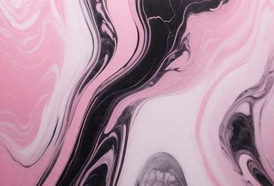 The primary subject of the image is a close-up of a pink and black marbled wallpaper. The setting is a room with a pink and black marbled wallpapered wall. The visual style is a patterned wallpaper, and the colors and mood are predominantly pink and black.