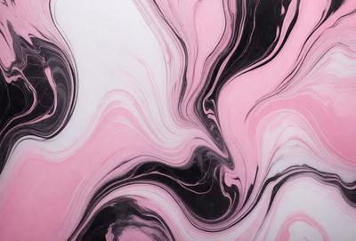 The primary subject of the image is a swirling, abstract design that appears to be a painting or a digital artwork. The setting is a white background, which provides a clean and uncluttered environment for the artwork. The visual style is a combination of painting and digital art, creating a unique and intriguing appearance. The colors and mood of the image are predominantly black and pink, giving it a bold and striking appearance.