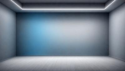 The primary subject of the image is a large, empty room with a blue wall. The setting is a plain, white room with a blue wall, and the visual style is a photo. The colors and mood of the image are predominantly blue, creating a calm and serene atmosphere.