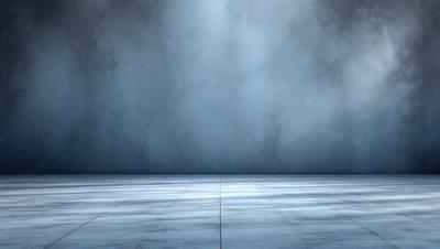 The primary subject of the image is a large, empty room with a blue wall. The setting is a dark, empty space with a blue wall, and the visual style is a photo. The colors and mood of the image are predominantly blue, creating a calm and serene atmosphere.
