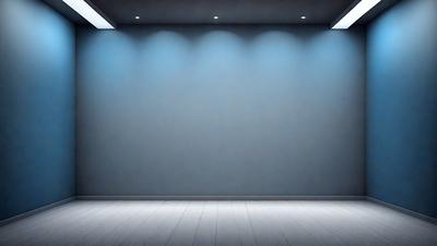 The primary subject of the image is a large, empty room with a blue wall. The setting is a dark room with a blue wall, and the visual style is a photo. The colors and mood of the image are predominantly dark and moody, with the blue wall providing a contrasting element.
