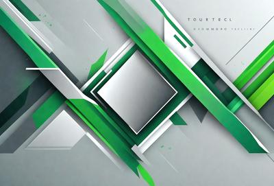 The primary subject of the image is a green and white geometric design. The setting is a gray background, and the visual style appears to be a digital art or illustration. The dominant colors are green and white, creating a modern and clean atmosphere.