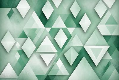 The primary subject of the image is a pattern of triangles, which are arranged in a geometric design. The setting is a green background, which adds a vibrant and lively atmosphere to the scene. The visual style of the image is a combination of digital art and illustration, creating a unique and eye-catching design. The dominant colors in the image are green and white, which contribute to the overall mood of the pattern.