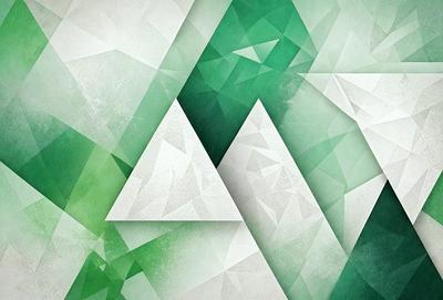 The primary subject of the image is a white triangle, which is the main object, scene, or focus of the image. The setting/background features a green and white geometric pattern, which adds to the visual style of the image. The colors and mood of the image are predominantly green and white, creating a clean and modern atmosphere.