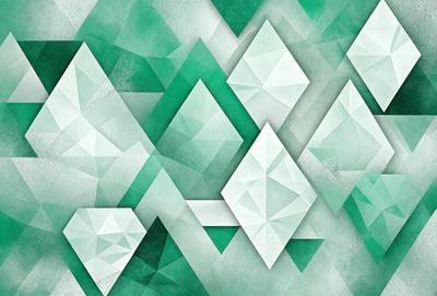 The primary subject of the image is a geometric pattern featuring white and green triangles. The setting is a green background, which adds a vibrant and lively atmosphere to the scene. The visual style is a combination of digital art and illustration, creating a unique and eye-catching design. The colors and mood of the image are predominantly green and white, giving it a fresh and clean appearance.