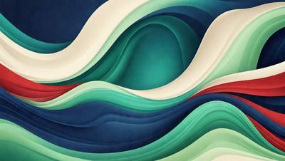 The primary subject of the image is a large, colorful, and intricate paper sculpture of a wave. The sculpture is made up of various shades of blue, green, and white, creating a visually striking and dynamic piece. The setting is a white wall, which serves as a clean and neutral backdrop for the sculpture. The visual style of the image is a combination of digital art and illustration, showcasing the artist's skill in crafting a lifelike representation of a wave. The colors and