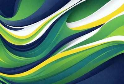 The primary subject of the image is a large, colorful painting featuring a wave-like design. The painting is displayed on a blue background, which adds to the overall atmosphere of the scene. The visual style of the painting is a combination of digital art and illustration, creating a vibrant and dynamic appearance. The dominant colors in the painting are green, yellow, and blue, which contribute to a lively and energetic mood.