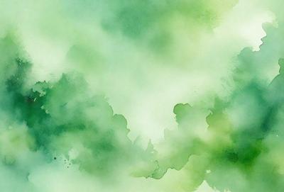 The primary subject of the image is a green, watercolor-like painting of a cloudy sky. The setting is a cloudy sky, and the visual style is a watercolor painting. The dominant colors are green, and the overall atmosphere is serene and calming.