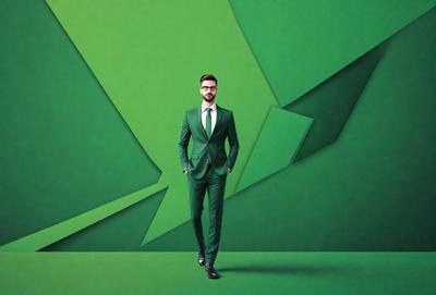 The primary subject of the image is a man wearing a green suit and tie. He is standing in front of a green background, which could be a wall or a patterned surface. The visual style of the image is a combination of photo and digital art, as it appears to be a close-up of the man in a suit. The colors and mood of the image are predominantly green, giving it a fresh and vibrant atmosphere.