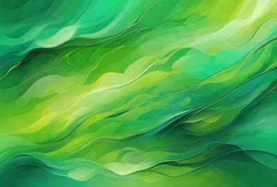 The primary subject of the image is a green, swirling, and flowing pattern, which appears to be a digital art or illustration. The setting is a green background, and the visual style is a combination of digital art and illustration. The colors and mood of the image are predominantly green, creating a serene and calming atmosphere.