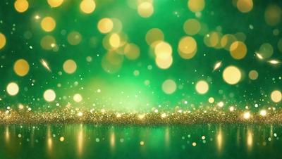 The primary subject of the image is a green background with a pattern of yellow and gold lights. The setting appears to be a dark room with a green screen, creating a visually striking and unique environment. The visual style of the image is a combination of digital art and illustration, with the yellow and gold lights creating a vibrant and luminous atmosphere. The colors and mood of the image are predominantly green and gold, giving it a warm and inviting feel.
