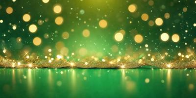 The primary subject of the image is a green background with a row of gold lights or glittery stars. The setting appears to be a stage or a performance area, as the lights are arranged in a linear pattern. The visual style of the image is a combination of digital art and illustration, creating a vibrant and eye-catching display. The dominant colors in the image are green and gold, giving the scene a lively and festive atmosphere.