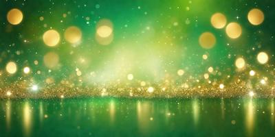 The primary subject of the image is a close-up of a green background with a pattern of gold glittering lights. The setting appears to be a dark room, and the visual style is a combination of a photo and digital art. The dominant colors are green and gold, creating a warm and inviting atmosphere.