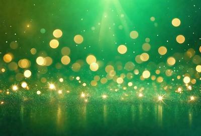 The primary subject of the image is a green background with a pattern of bright, shining lights. The setting appears to be a dark room, and the visual style is a combination of a photo and digital art. The colors and mood of the image are predominantly green, with the bright lights creating a lively and vibrant atmosphere.