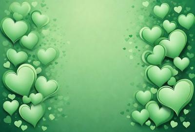 The primary subject of the image is a green background with a pattern of green hearts. The setting is a green wall, and the visual style is a digital art or illustration. The dominant colors are green, and the overall atmosphere is lively and cheerful.