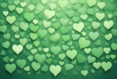 The primary subject of the image is a large number of green hearts arranged in a pattern. The hearts are scattered across the entire image, creating a visually appealing and lively scene. The setting is a green background, which complements the green hearts and adds to the overall atmosphere of the image. The visual style is a combination of digital art and illustration, resulting in a vibrant and engaging display of hearts.