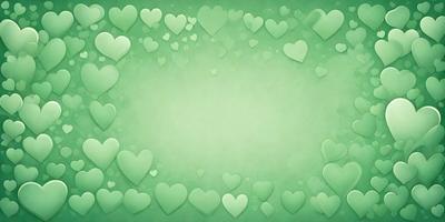 The primary subject of the image is a green background with a large number of hearts scattered across it. The hearts are of various sizes and are placed in different positions, creating a visually appealing and playful scene. The setting appears to be a creative and artistic environment, possibly for a children's project or a design element. The visual style of the image is a combination of digital art and illustration, with the hearts being the main focus and the green background providing a contrasting and complementary color. The overall atmosphere of the