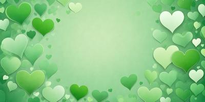The primary subject of the image is a green background with a large number of green hearts scattered across it. The hearts are of various sizes and are placed in different positions on the green surface. The setting appears to be a creative and playful environment, possibly a children's room or a decorative wall. The visual style of the image is a combination of digital art and illustration, creating a vibrant and lively atmosphere. The dominant colors in the image are green and white, with the green hearts being the main focus of the
