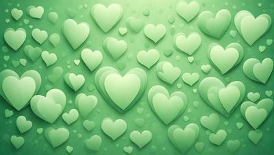 The primary subject of the image is a large collection of green hearts. The hearts are arranged in a pattern, covering the entire background. The setting is a green wall, which adds to the overall mood of the image. The visual style is a digital art or illustration, creating a vibrant and lively atmosphere.