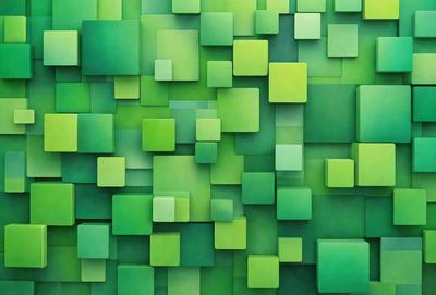 The primary subject of the image is a large, colorful, and intricate mosaic made up of various square shapes. The setting is a green background, which adds a vibrant and lively atmosphere to the scene. The visual style is a combination of digital art and illustration, creating a unique and eye-catching design. The colors and mood of the image are predominantly green, which gives it a fresh and lively feel.