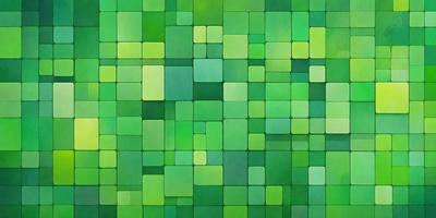 The primary subject of the image is a large, colorful, and intricate mosaic of green squares. The setting is a green background, which complements the vibrant colors of the mosaic. The visual style is a combination of digital art and illustration, creating a unique and eye-catching pattern. The colors and mood of the image are predominantly green, with a lively and energetic atmosphere.
