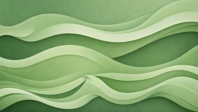 The primary subject of the image is a large, curved, and wavy green sculpture. The setting is a wall, and the visual style is a combination of digital art and illustration. The colors and mood of the image are predominantly green, creating a serene and natural atmosphere.