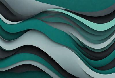 The primary subject of the image is a large, colorful, and abstract design featuring a mix of blue and green hues. The design appears to be a combination of a wave and a pattern, creating a visually striking and unique piece. The setting or background of the image is a dark green surface, which contrasts with the vibrant colors of the design. The visual style of the image is a blend of digital art and illustration, showcasing the artist's creativity and skill in crafting a captivating