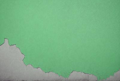The primary subject of the image is a green wall with a peeling paint effect. The setting is a room with a green background. The visual style is a close-up of the green wall, showcasing the peeling paint. The colors and mood of the image are predominantly green, giving it a slightly dull and aged appearance.
