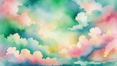 The primary subject of the image is a colorful, cloudy sky. The setting is a bright, sunny day with a variety of clouds in the sky. The visual style is a watercolor painting, giving the scene a vibrant and lively appearance. The dominant colors are shades of pink, green, and blue, creating a warm and inviting atmosphere.