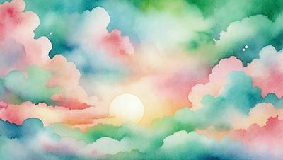 The primary subject of the image is a sunset, with the sun setting behind a cloudy sky. The setting is a cloudy sky, and the visual style is a watercolor painting. The colors and mood of the image are predominantly warm and serene, with the sunset creating a sense of tranquility and beauty.