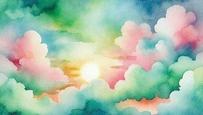 The primary subject of the image is a sunset, with the sun setting behind a cloudy sky. The setting is a colorful, cloudy sky, and the visual style is a watercolor painting. The colors and mood of the image are vibrant and lively, with the sunset creating a warm and inviting atmosphere.