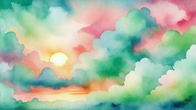 The primary subject of the image is a sunset, with the sun setting behind a cloudy sky. The setting is a cloudy sky, and the visual style is a watercolor painting. The colors and mood of the image are predominantly warm and serene, with the sunset creating a sense of tranquility and beauty.