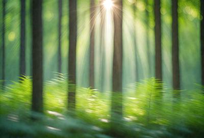 The primary subject of the image is a sunlight shining through the trees, creating a beautiful and serene atmosphere. The setting is a forest with many trees, providing a natural and peaceful backdrop. The visual style of the image is a photo, capturing the sunlight and trees in their natural environment. The colors and mood of the image are predominantly green, with the sunlight creating a warm and inviting ambiance.
