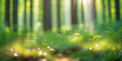The primary subject of the image is a forest with a lush green environment. The setting/background consists of a forest with trees and greenery. The visual style is a photo of the forest, capturing the natural beauty of the scene. The colors and mood are predominantly green, creating a serene and peaceful atmosphere.