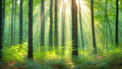 The primary subject of the image is a small tree with a single leaf, located in a forest. The setting is a lush green forest with many trees surrounding the small tree. The visual style is a photo of the forest, capturing the natural environment and the sunlight filtering through the trees. The colors and mood of the image are vibrant and serene, with the green trees and sunlight creating a peaceful and natural atmosphere.