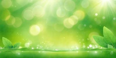 The primary subject of the image is a bright green background with a sunny, luminous atmosphere. The setting is a green field, and the visual style is a combination of a photo and digital art. The colors and mood are predominantly green, with a hint of yellow, creating a serene and natural environment.
