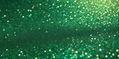 The primary subject of the image is a close-up of a green and gold glittery background. The setting is a dark background, which contrasts with the bright colors of the glittery material. The visual style appears to be a digital art or illustration, as the glittery material is depicted in a detailed and intricate manner. The colors and mood of the image are vibrant and lively, with the green and gold glittery material creating a festive and celebratory atmosphere.
