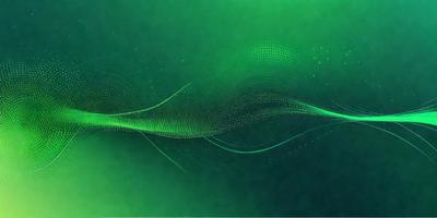 The primary subject of the image is a green wave or a green sound wave. The setting is a dark background, which contrasts with the green wave. The visual style appears to be a digital art or illustration, as the wave is depicted in a detailed and artistic manner. The colors and mood of the image are predominantly green, creating a sense of calmness and tranquility.
