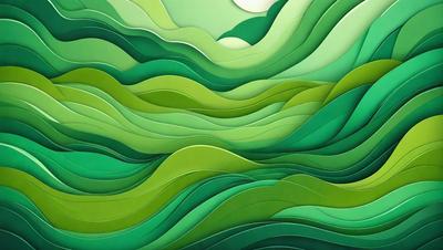 The primary subject of the image is a large, colorful, and intricate green and white paper cutout of a mountain landscape. The setting is a wall, and the visual style is a combination of digital art and illustration. The colors and mood of the image are vibrant and lively, with a focus on the natural beauty of the mountain scene.