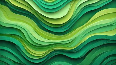 The primary subject of the image is a large, colorful, and intricate green sculpture. The sculpture is made of green paper and features a wave-like design. The setting is a wall, and the visual style is a combination of digital art and illustration. The colors and mood of the image are vibrant and lively, with the green paper creating a striking and eye-catching display.